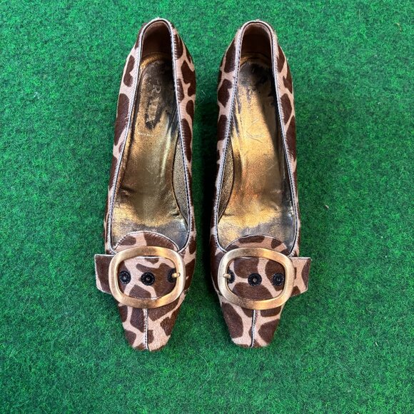 Prada Giraffe Print Gold Buckle Block Heel Loafer Pumps Size 8/ 38 - Picture 1 of 6